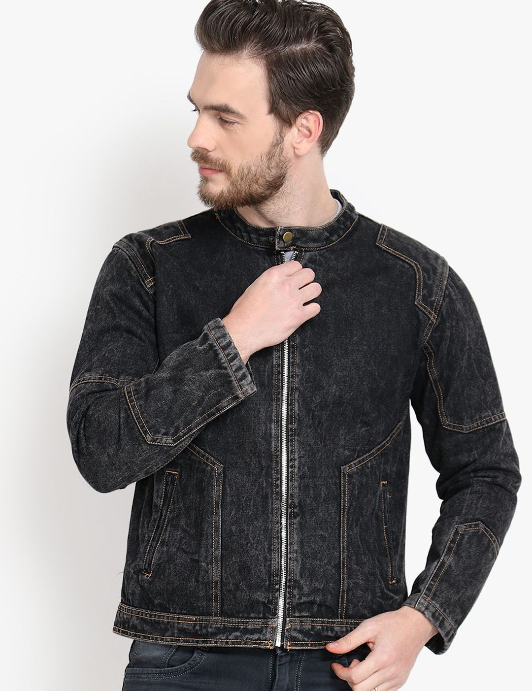 Kotty Men Black Solid Denim Jacket