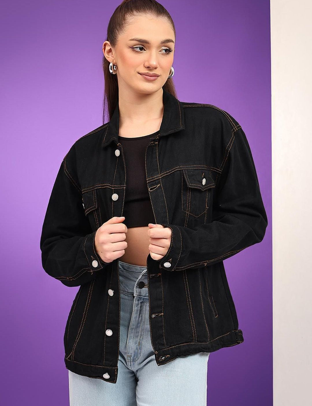 Kotty Women Spread Collar Solid Casual Denim Jacket