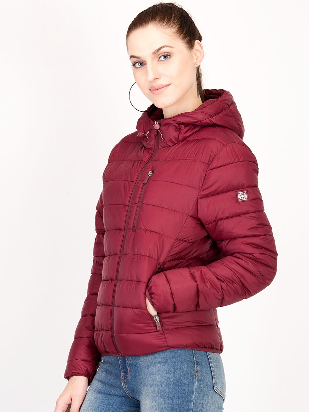 Kotty Women Maroon Solid Insulator Hooded Puffer Jacket