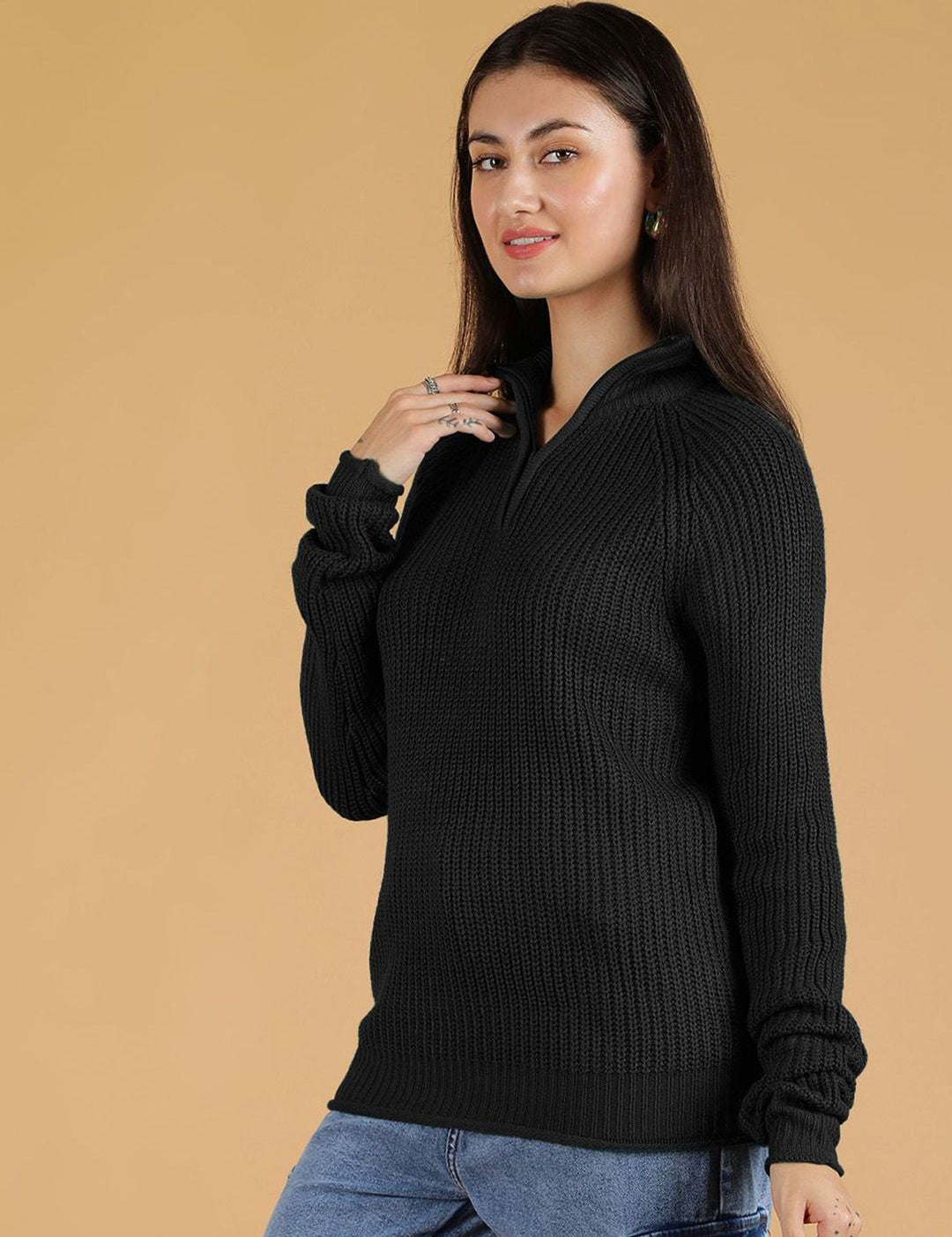 Kotty Women Ribbed Mock Collar Full Sleeve Pullover Sweaters