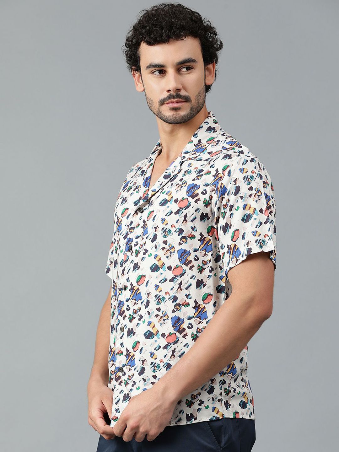 Kotty Men Cuban Collar Abstract Printed Casual Shirt