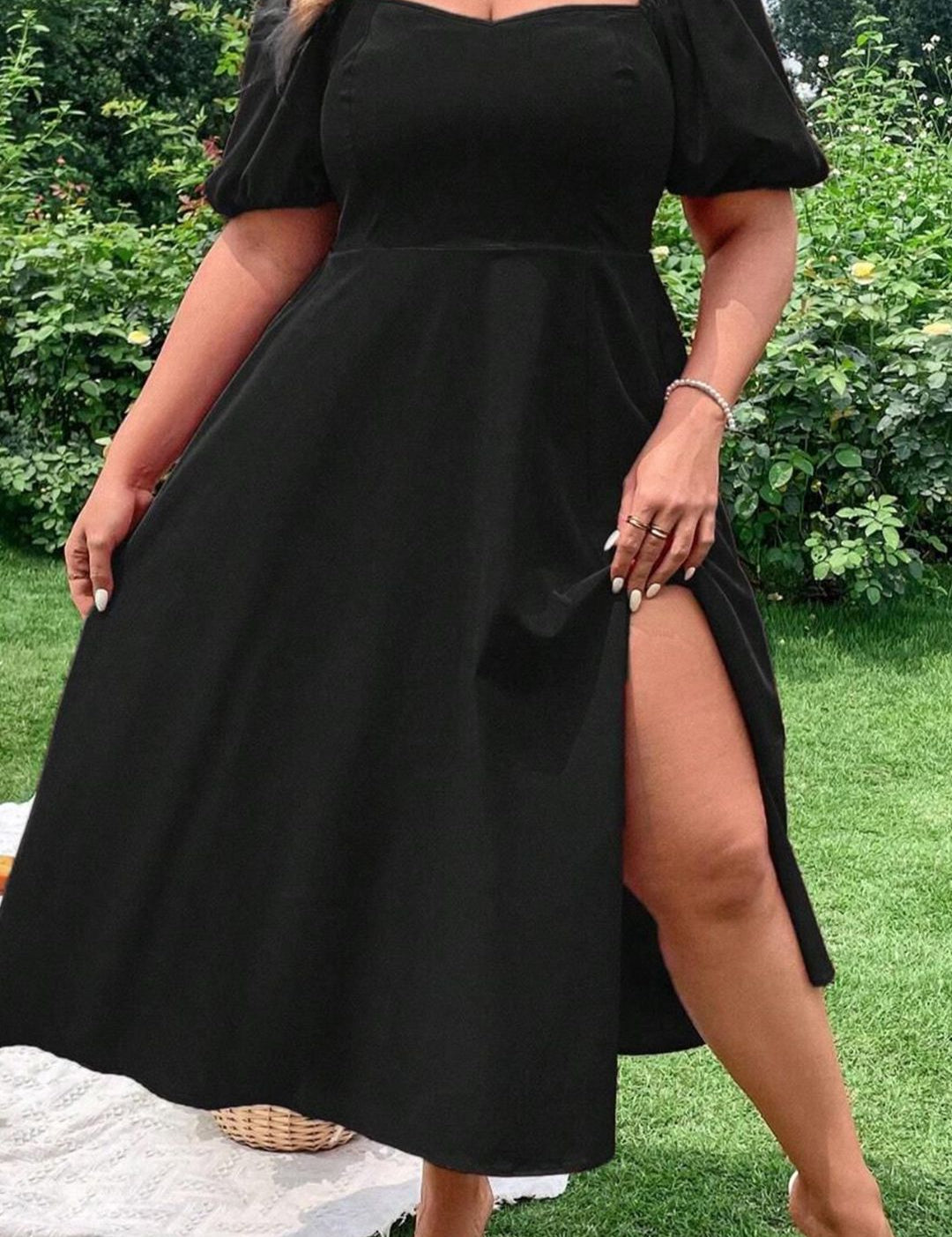 CURVE BY KOTTY Plus Size Puff Sleeve Fit & Flare Midi Dress With Slits