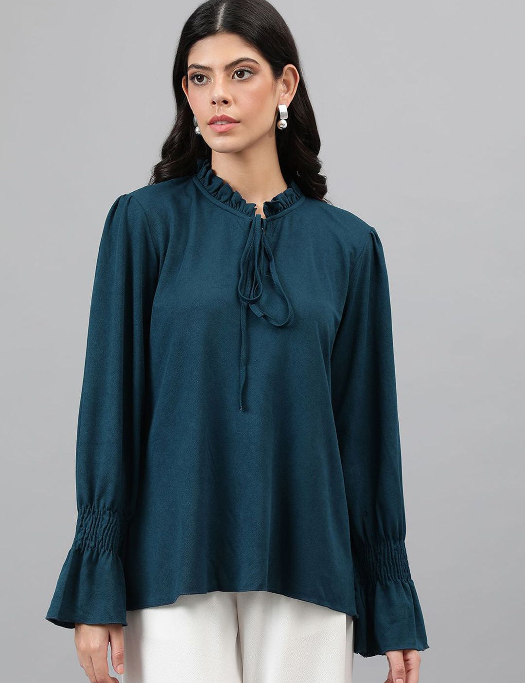 KOTTY BIZwear Tie-Up Neck Bell Sleeve Solid Top