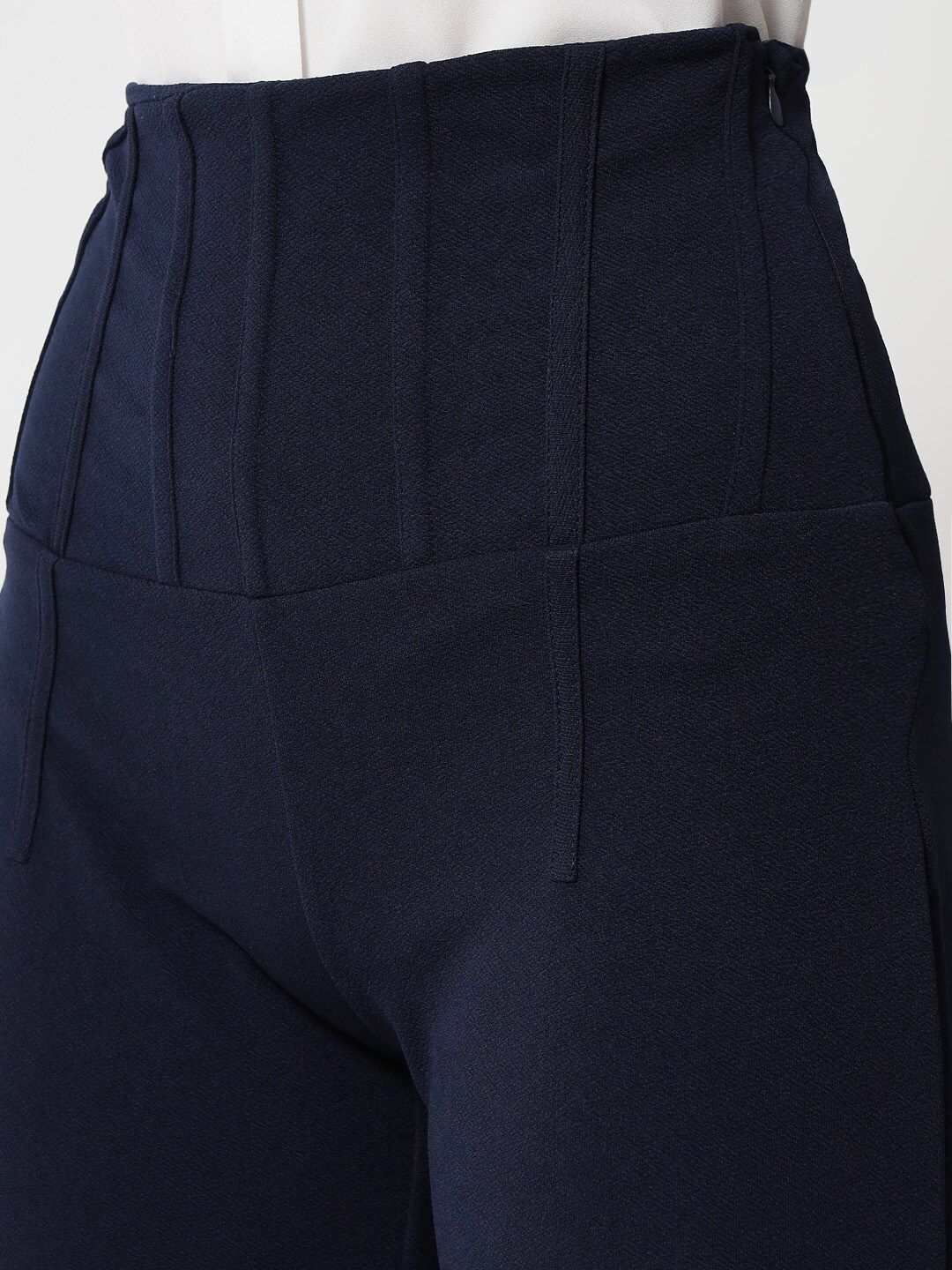 Kotty Women Navy Blue Relaxed Straight Fit High-Rise Easy Wash Trousers