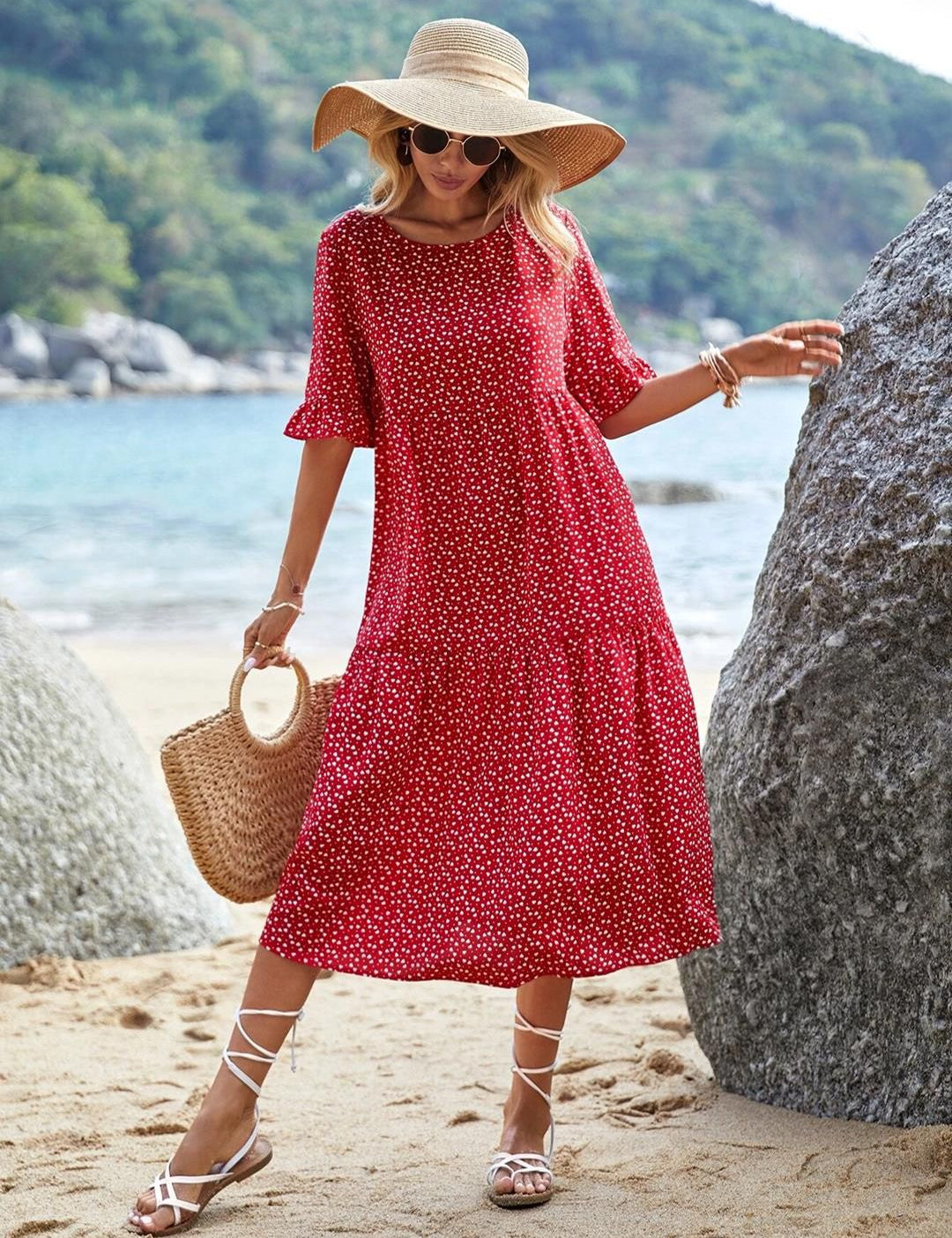 Kotty Red & White Abstract Printed Bell Sleeves A-Line Midi Dress