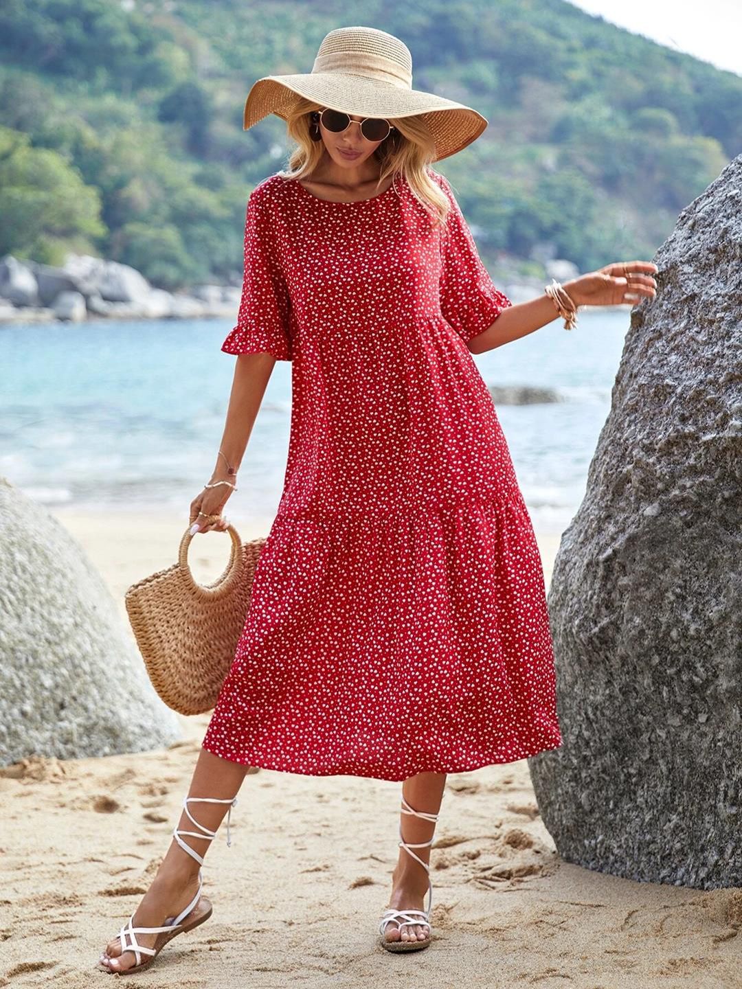 Kotty Red & White Abstract Printed Bell Sleeves A-Line Midi Dress