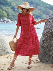 Kotty Red & White Abstract Printed Bell Sleeves A-Line Midi Dress