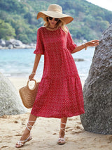 Kotty Red & White Abstract Printed Bell Sleeves A-Line Midi Dress