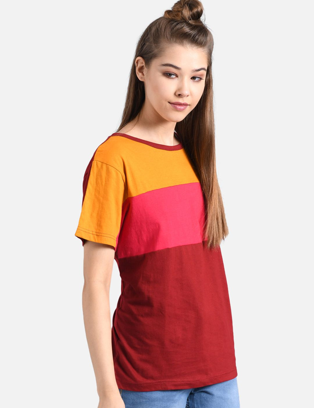 Kotty Women Yellow Colourblocked Round Neck T-shirt