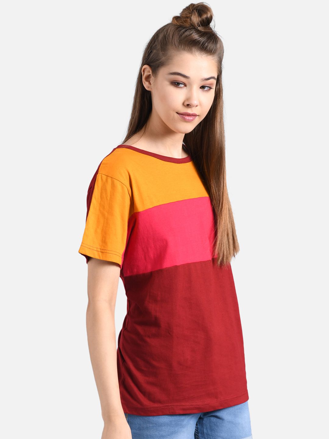 Kotty Women Yellow Colourblocked Round Neck T-shirt