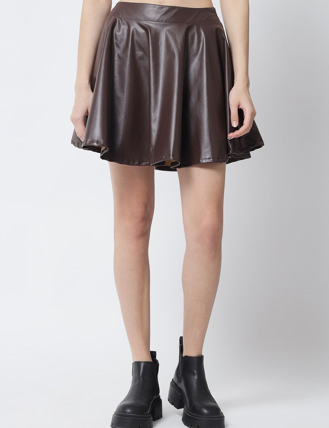 Kotty Women Brown Solid Flared Leather Mini Skirts