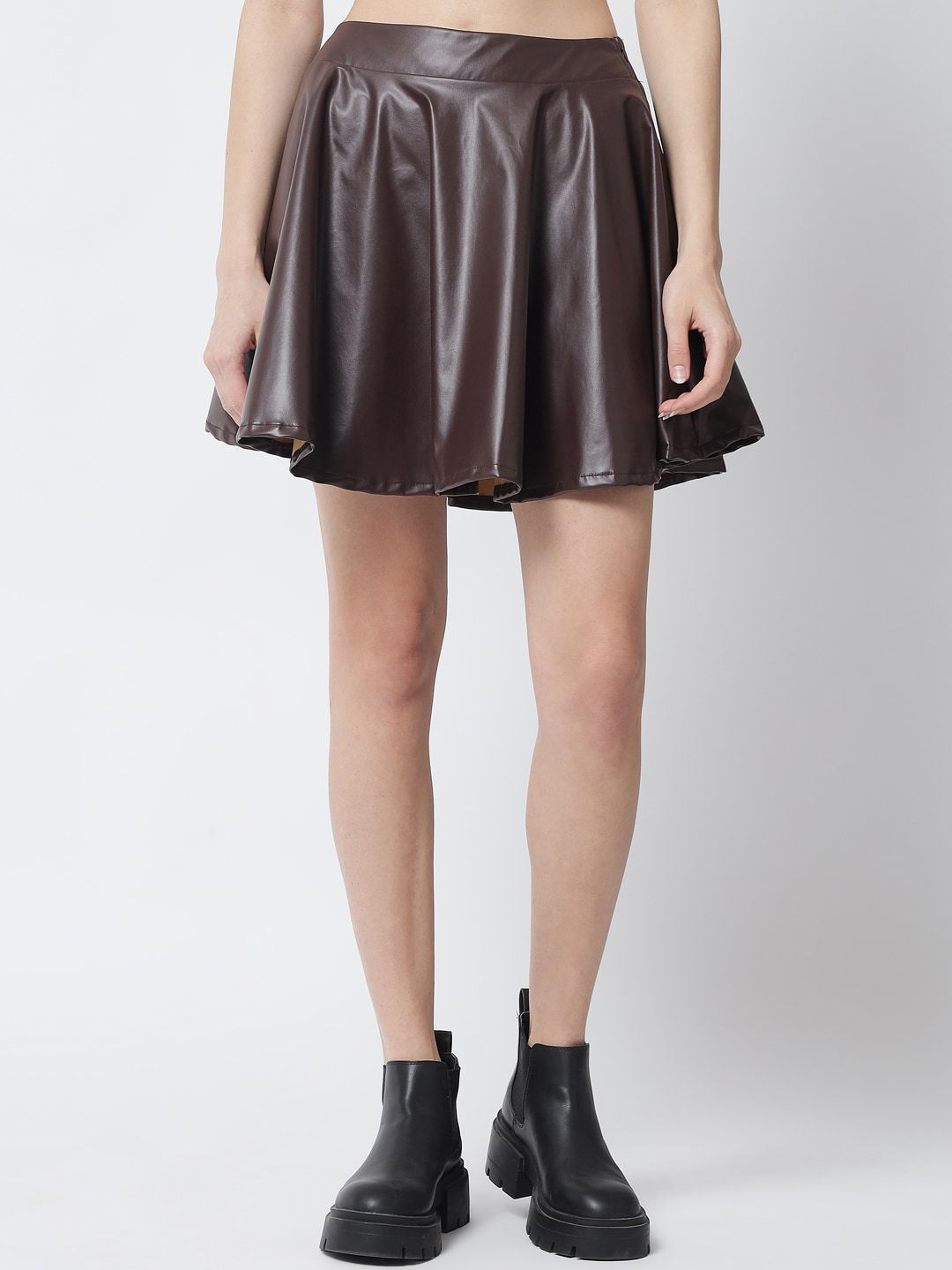 Kotty Women Brown Solid Flared Leather Mini Skirts