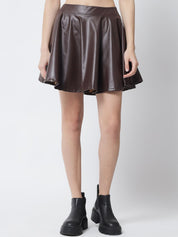 Kotty Women Brown Solid Flared Leather Mini Skirts