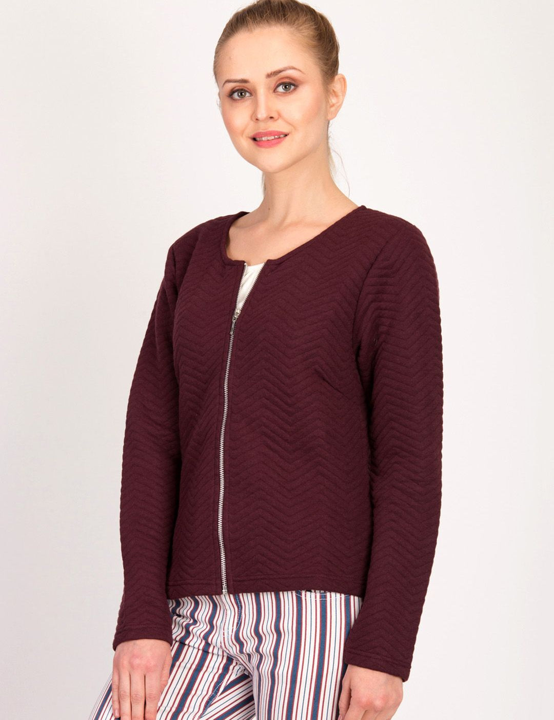 Kotty Women Maroon Self Design Open Front Jacket