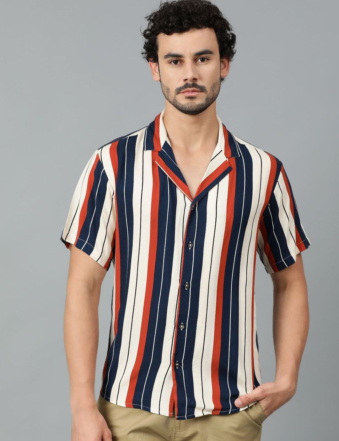 Kotty Men Cuban Collar Striped Casual Shirt