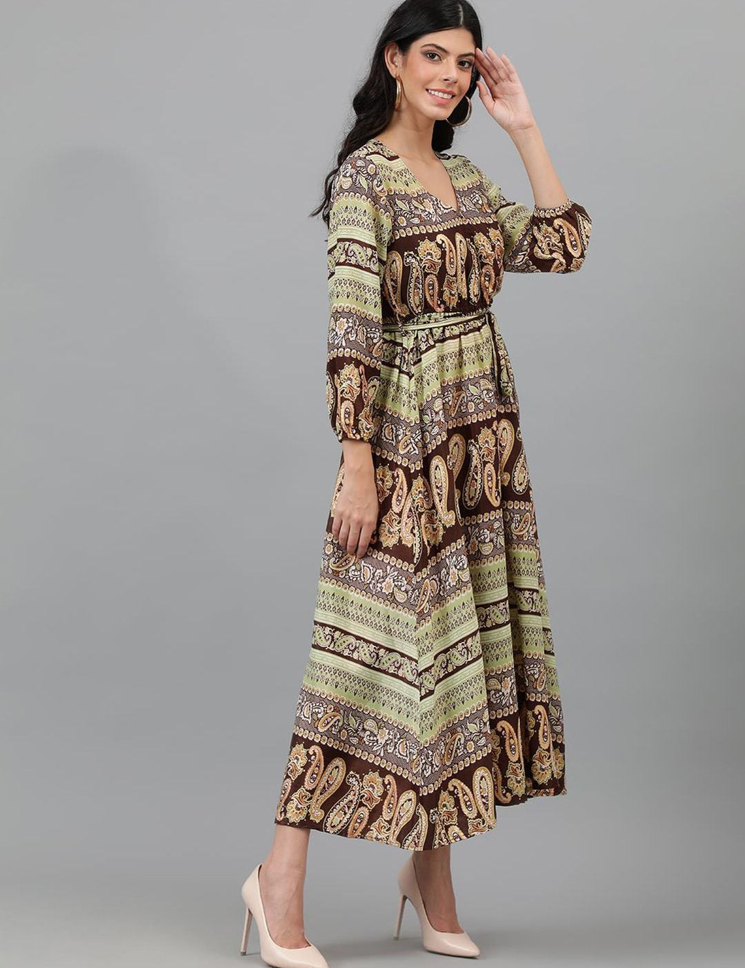 Kotty Brown & Yellow Ethnic Motifs Printed Wrap Maxi Dress