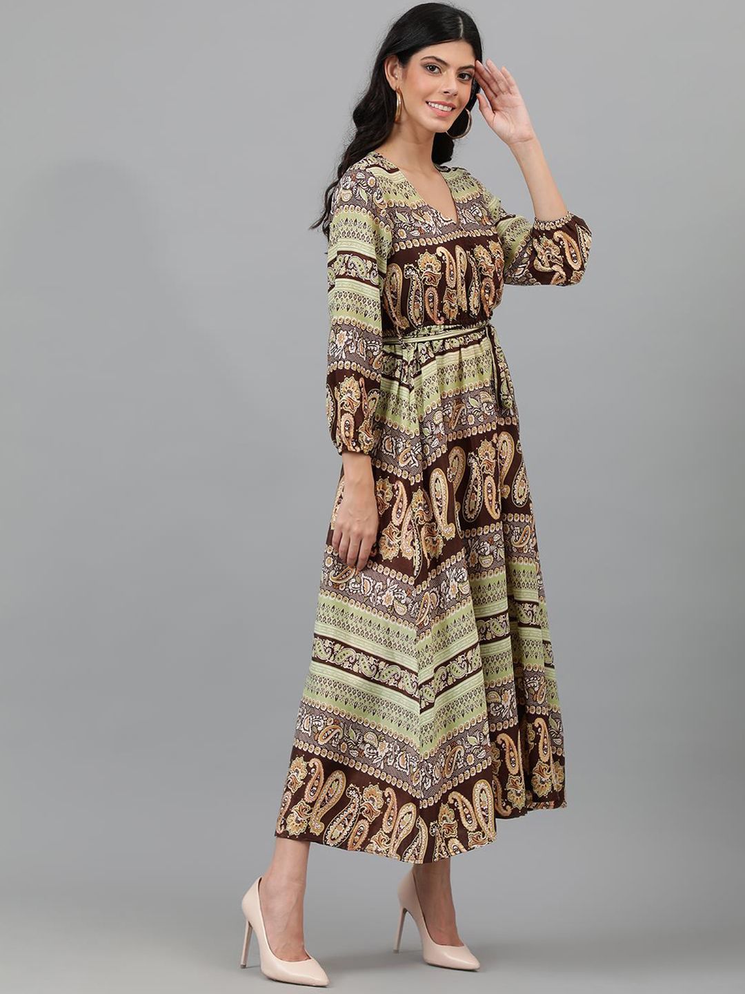 Kotty Brown & Yellow Ethnic Motifs Printed Wrap Maxi Dress