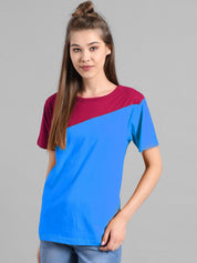 Kotty Women Blue & Maroon Colourblocked Round Neck T-shirt