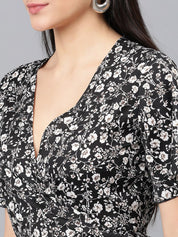 Kotty Black & White Floral Printed Flared Sleeves Crepe Ruffles Wrap Dress