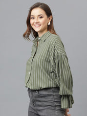Kotty Women Spread Collar Vertical Striped Cotton Oversized Casual Shirt
