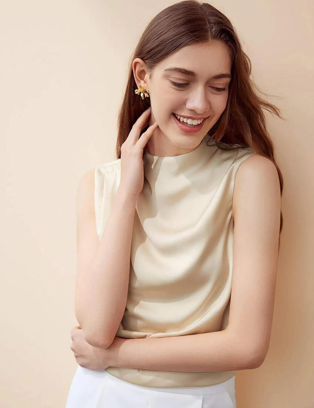 Kotty Beige High Neck Sleeveless Pleated Detail Satin Top
