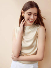 Kotty Beige High Neck Sleeveless Pleated Detail Satin Top
