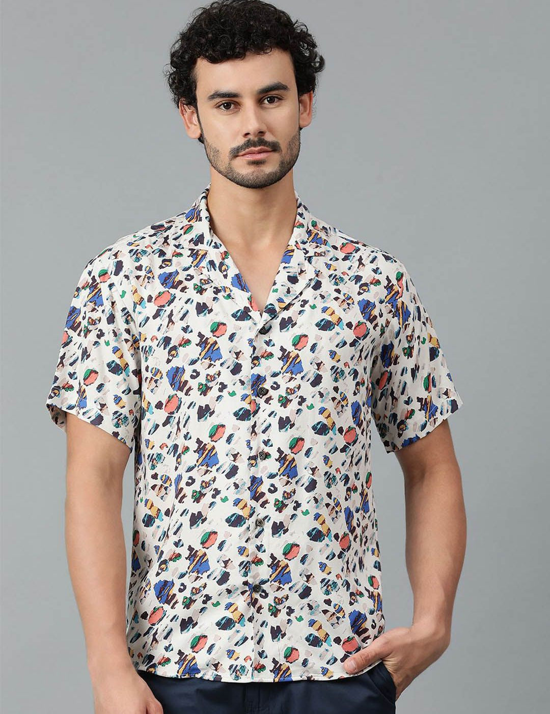 Kotty Men Cuban Collar Abstract Printed Casual Shirt