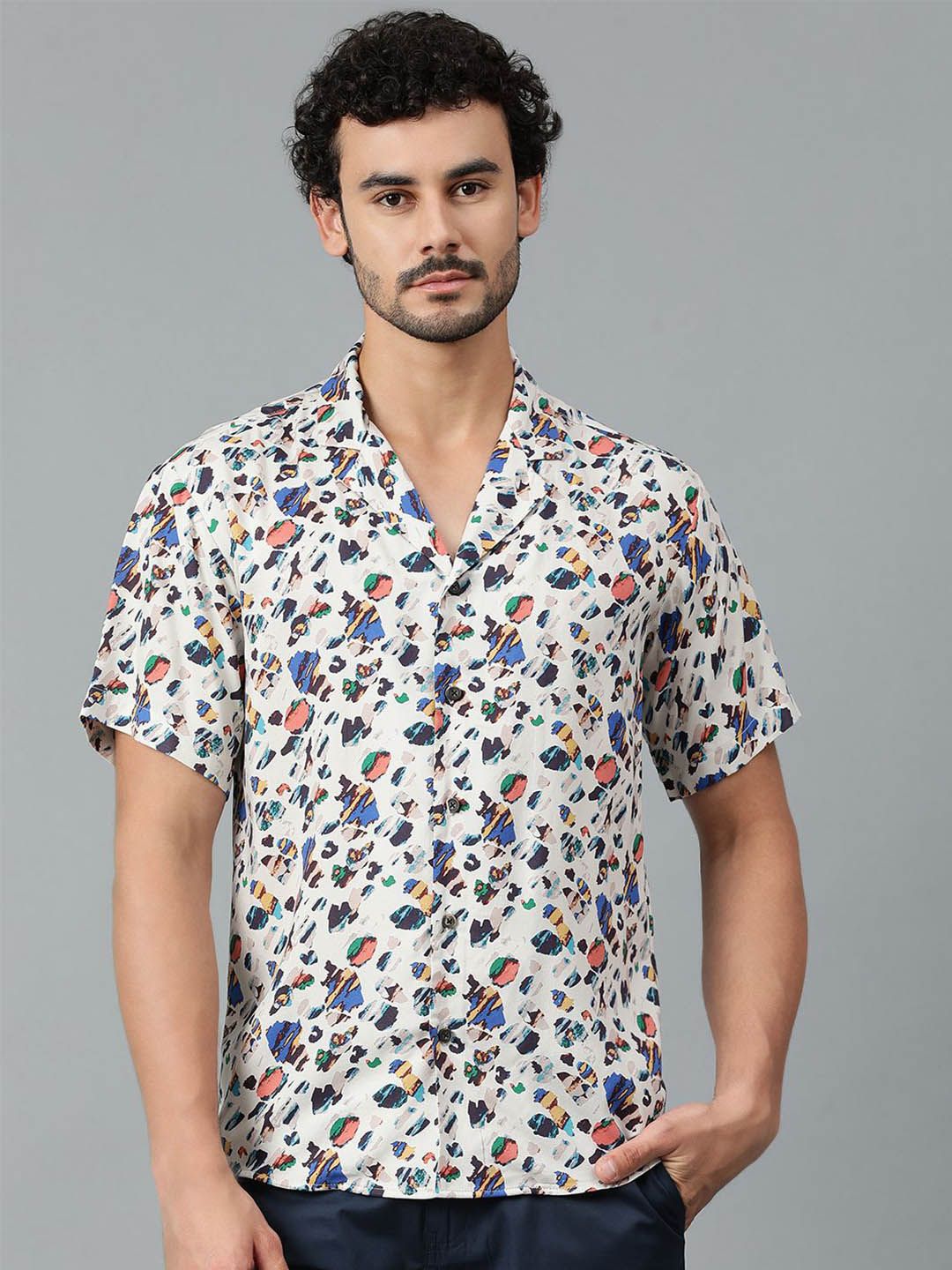 Kotty Men Cuban Collar Abstract Printed Casual Shirt