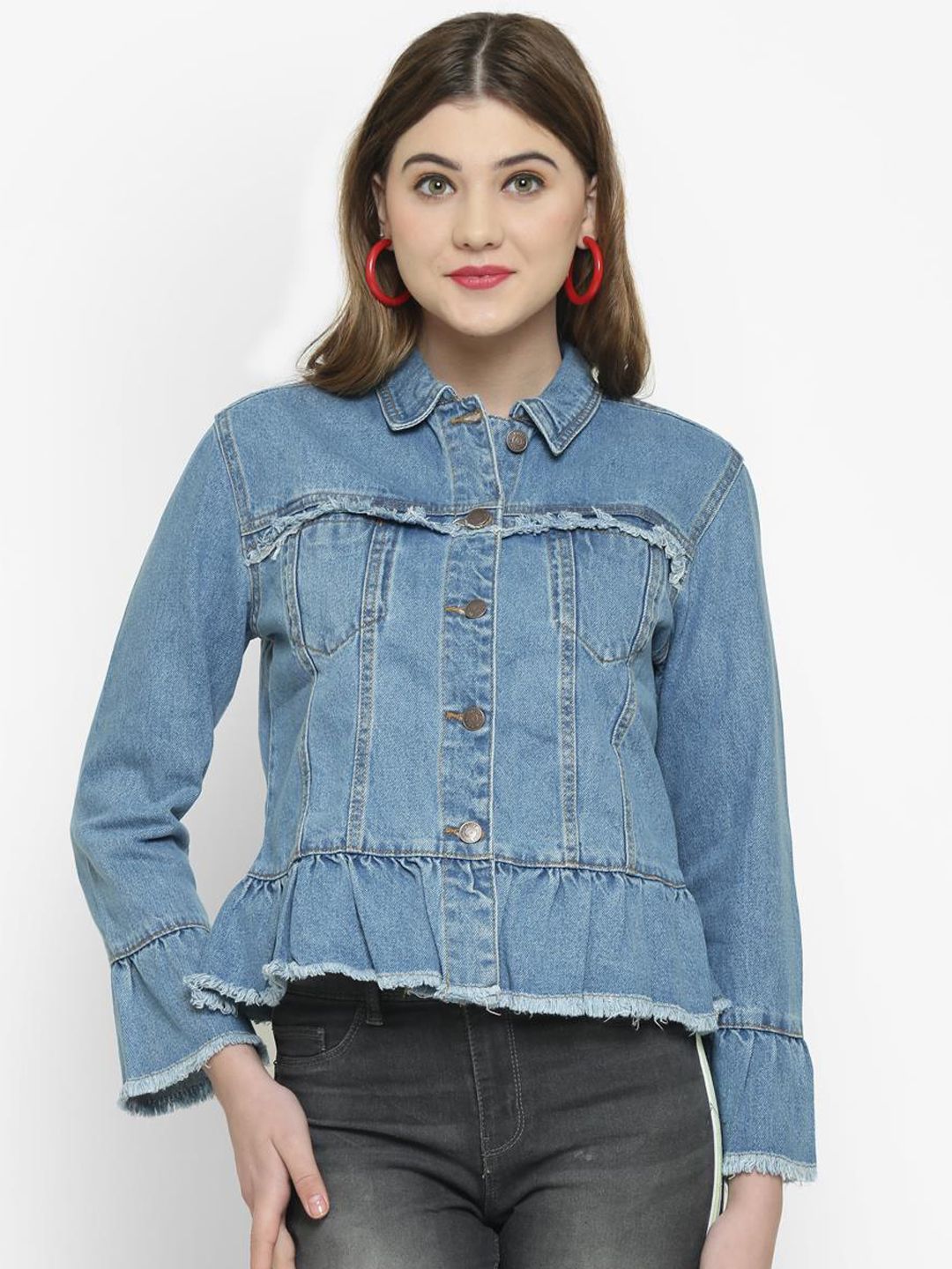Kotty Women Blue Printed Denim Jacket