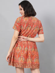 Kotty Orange Ethnic Motif Printed Fit & Flare Mini Dress