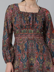 Kotty Ethnic Motifs Printed Square Neck Puff Sleeves Fit & Flare Dress