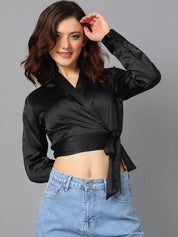 Kotty V-Neck Satin Wrap Crop Top