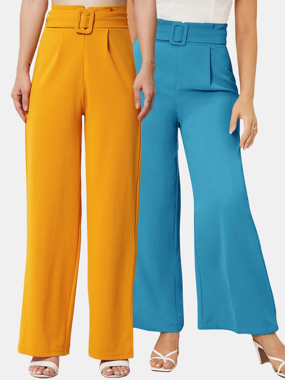 Kotty Pack Of 2 Women Relaxed Straight Fit High-Rise Pleated Trousers
