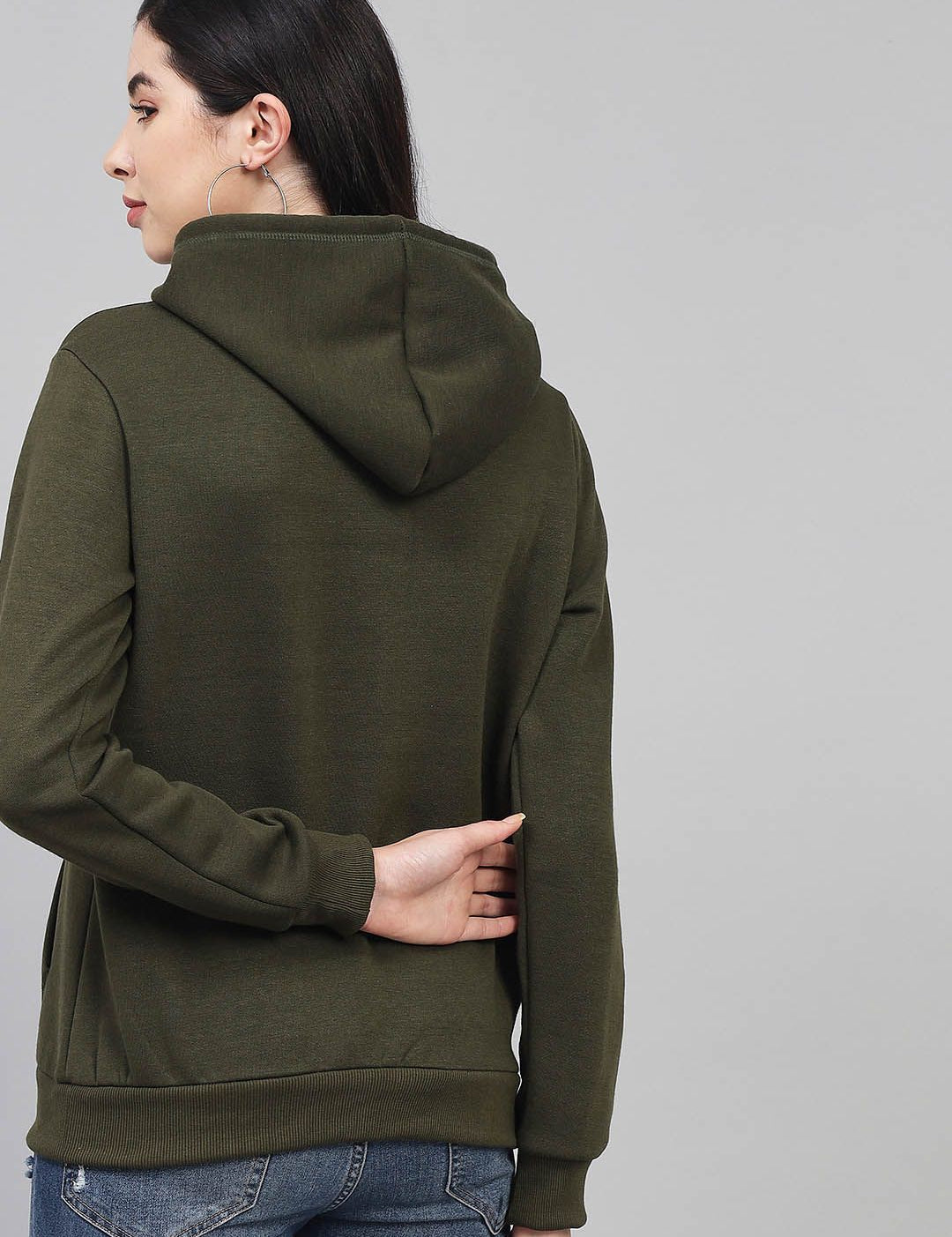 Kotty Women Olive Green Printed Hooded Sweatshirt