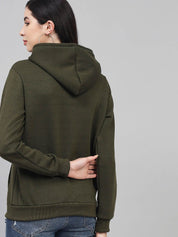 Kotty Women Olive Green Printed Hooded Sweatshirt