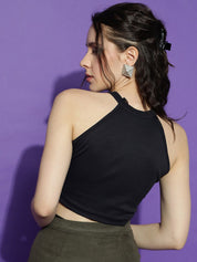 KOTTY Basics Halter Neck Ribbed Cotton Fitted Crop Top