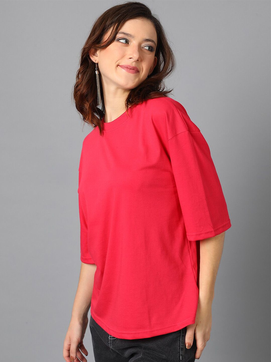 KOTTY Basics Round Neck Drop-Shoulder Sleeves Oversized T-shirt