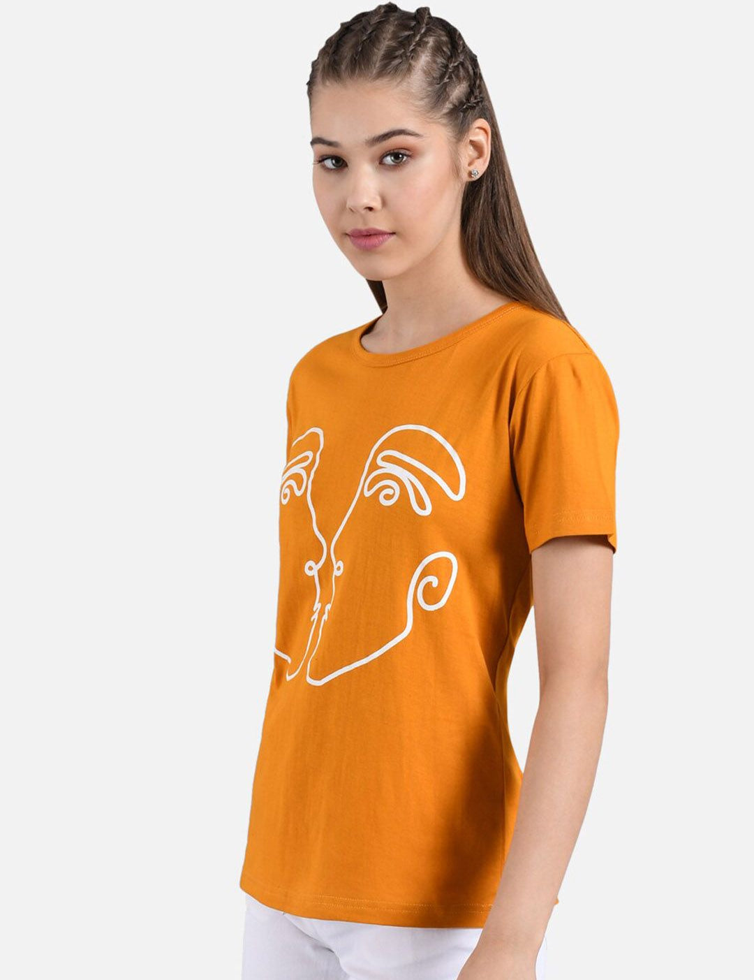 Kotty Women Mustard Yellow Printed Round Neck T-shirt