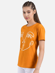 Kotty Women Mustard Yellow Printed Round Neck T-shirt