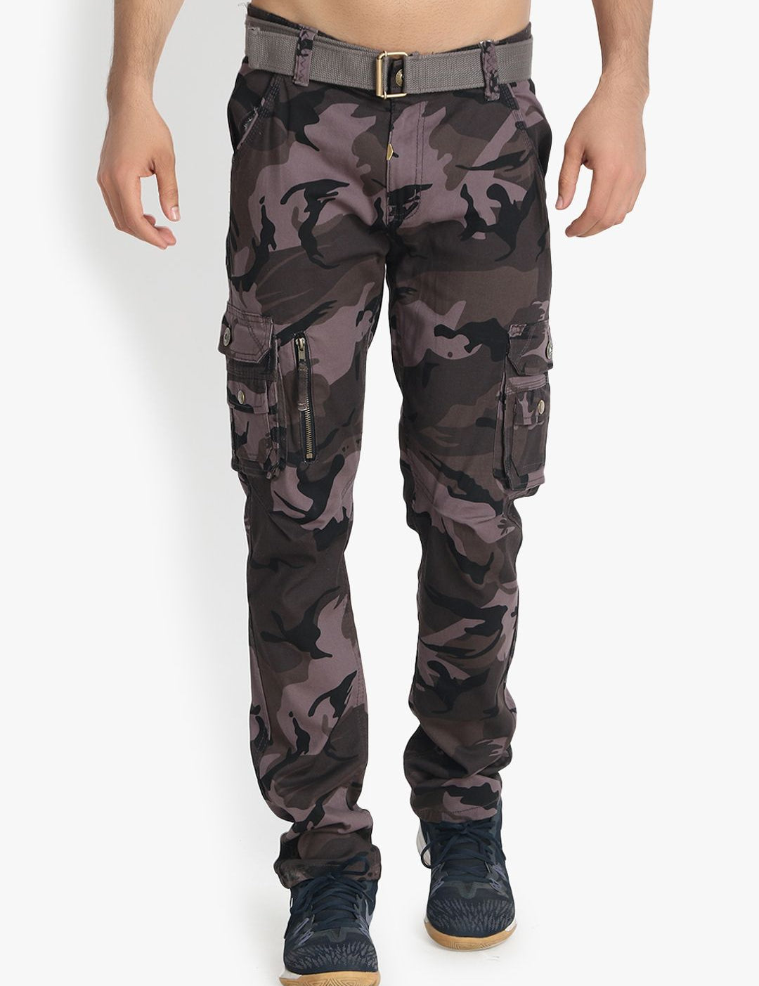 Kotty Men Grey & Black Regular Fit Printed Cargos