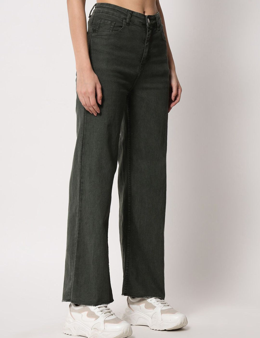 Kotty Women Olive Green Cotton Wide Leg Jeans