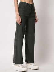 Kotty Women Olive Green Cotton Wide Leg Jeans