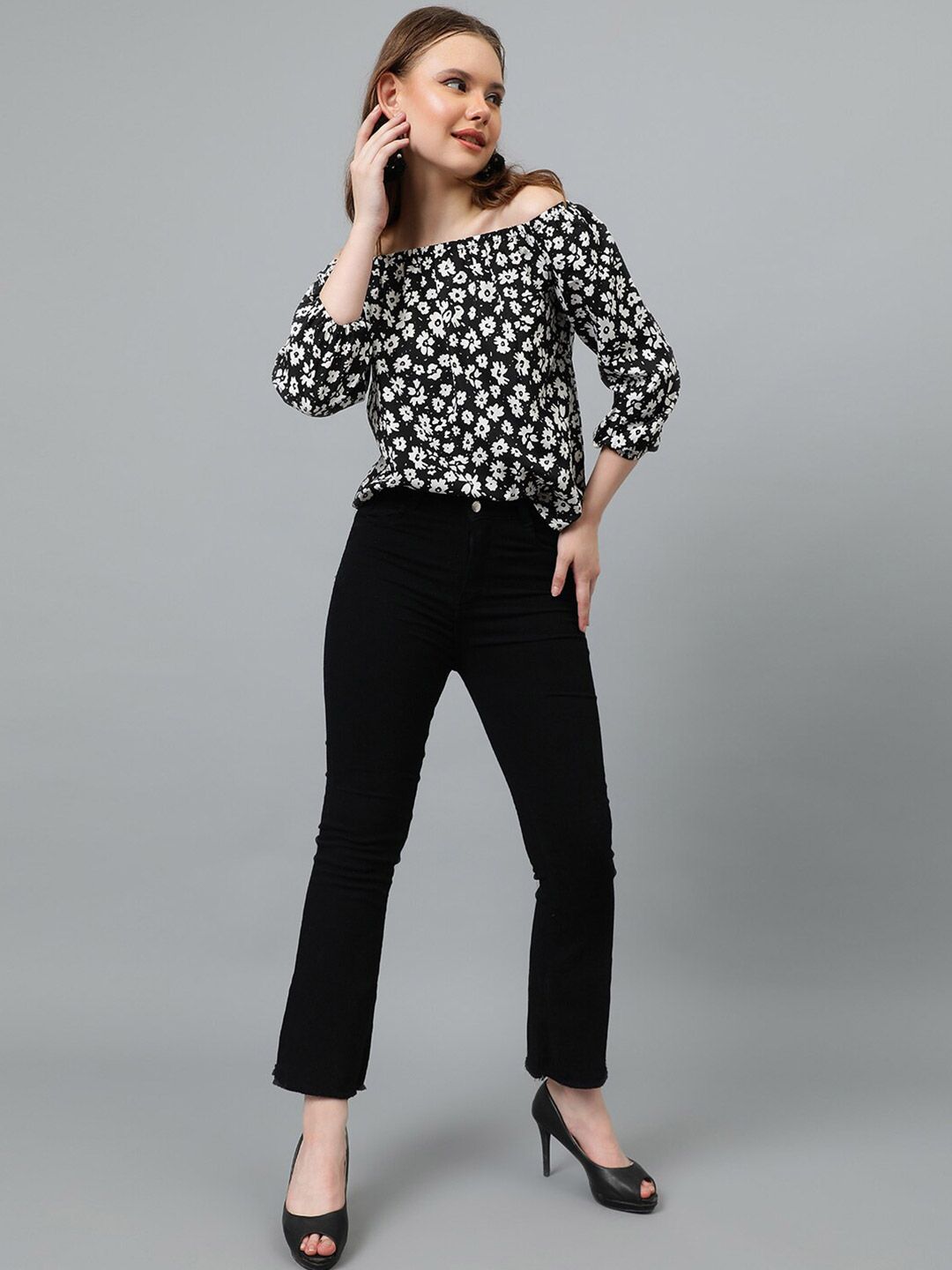 Kotty Black Floral Print Off-Shoulder Puff Sleeve Crepe Bardot Top