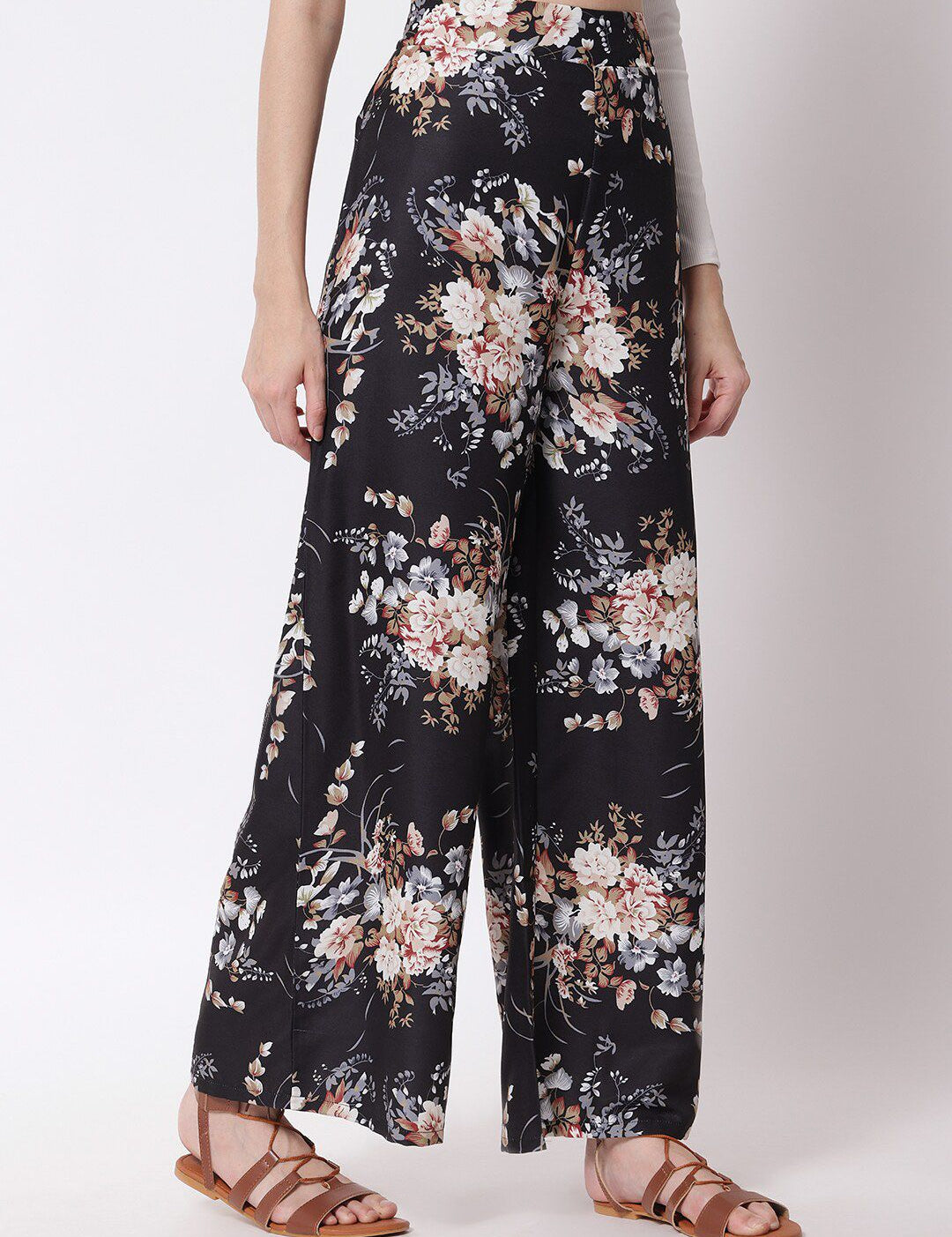 Kotty Women Black Floral Printed Relaxed Flared High-Rise Easy Wash Trousers