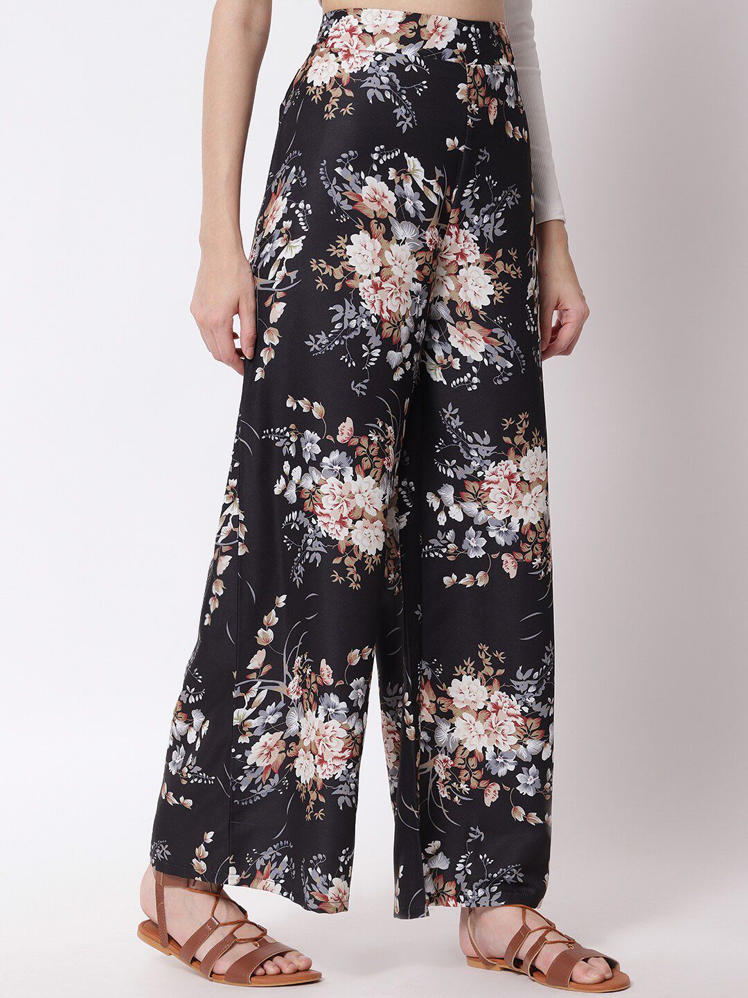 Kotty Women Black Floral Printed Relaxed Flared High-Rise Easy Wash Trousers