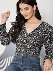 Kotty Floral Print Bell Sleeve Ruffles Crepe Top