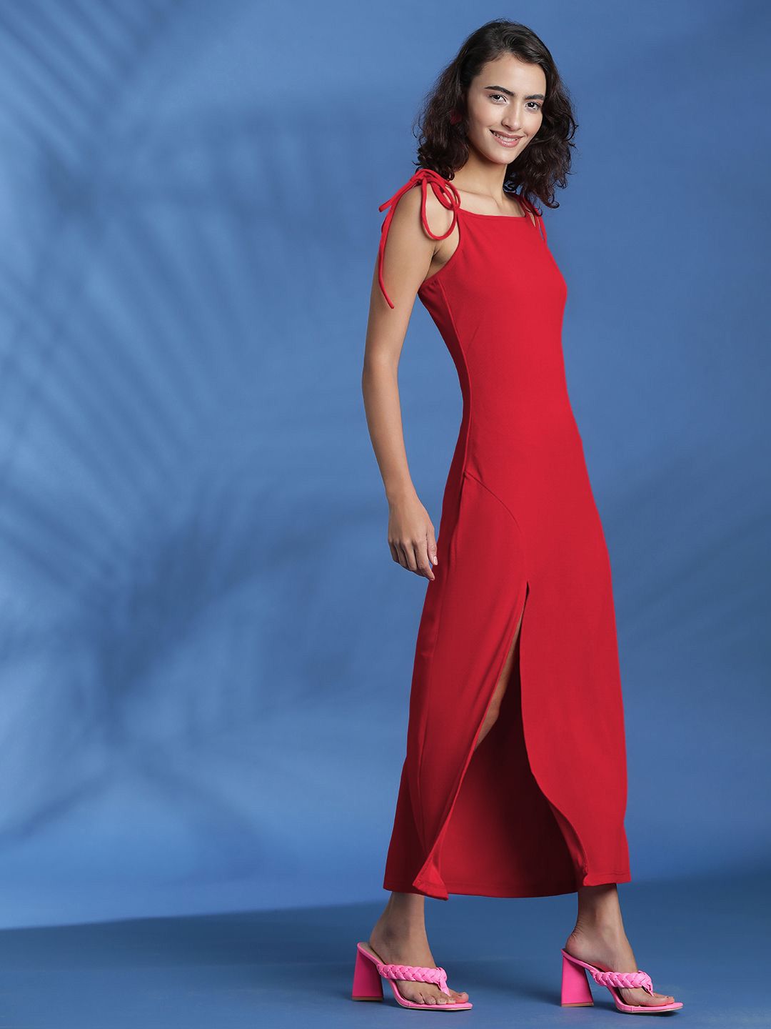 Kotty Solid Maxi Dress With Side Slit Details