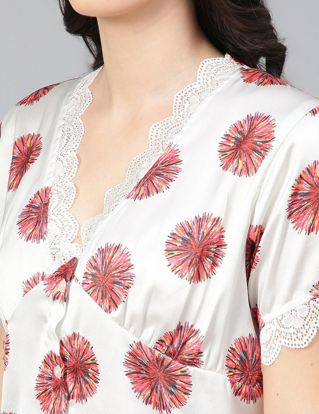 Kotty White & Red Floral Printed Satin Night Suit