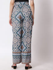 Kotty Women Blue and White Ethnic Motifs Printed Relaxed High-Rise Easy Wash Trousers