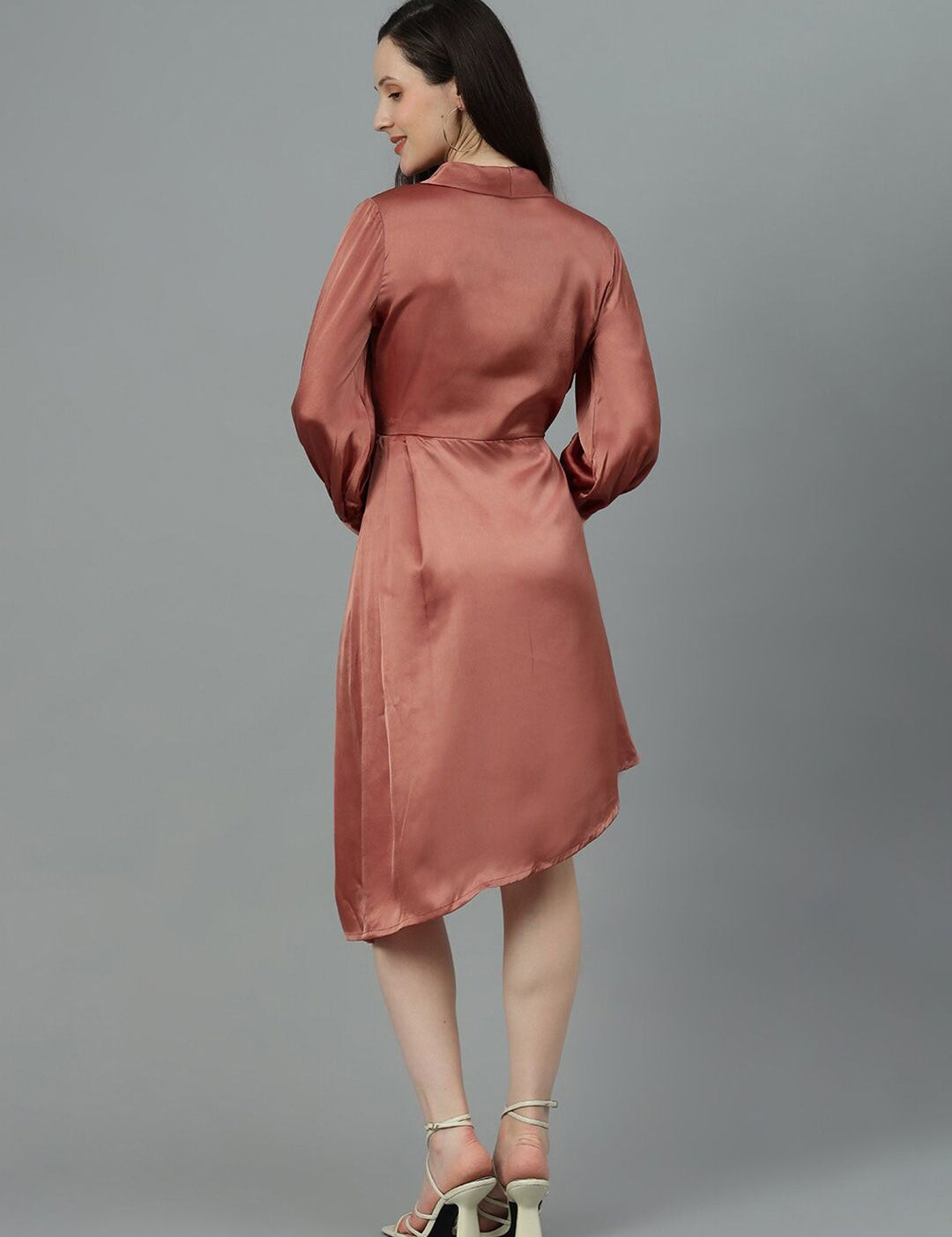 Kotty Copper Toned V Neck Bishop Sleeves Satin Pleated Fit & Flare Dress